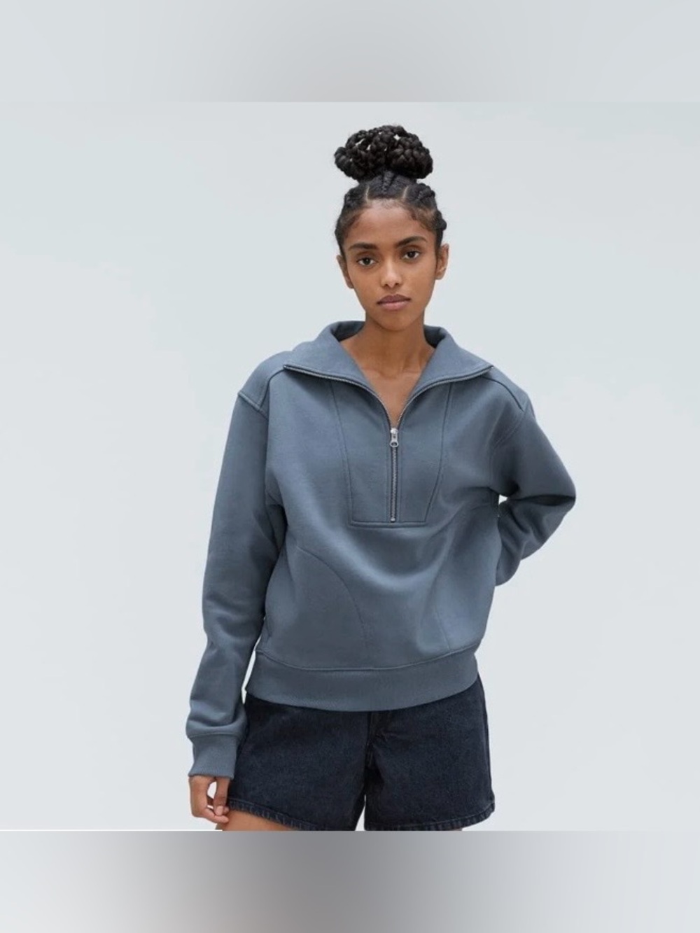 Everlane The Track Half-Zip in faded blue. Size medium
